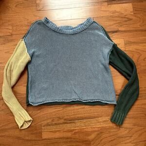 American Eagle Green Blue and Yellow Colorblock Waffleknit Sweater Size Small